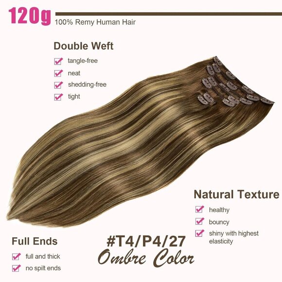 Clip in Hair Extensions Real Human Hair 14 Inch Brown Blonde Thick Straight - Picture 2 of 9